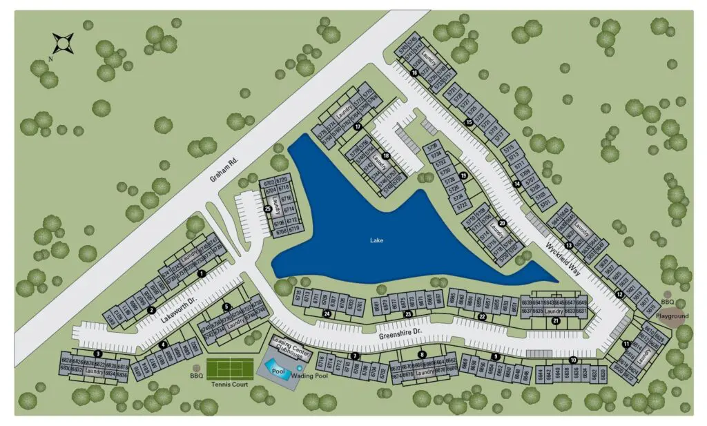 This is a community map that shows the layout of apartments for TGM Avalon Lake Apartments in Indianapolis, IN.